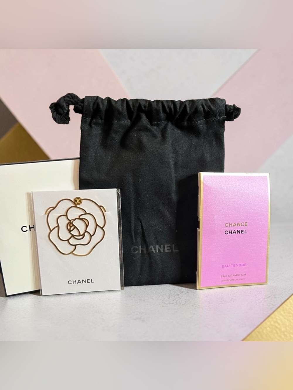 New Chanel Camellia Flower Gold Tone Bookmark with Dustbag and Chanel Chance